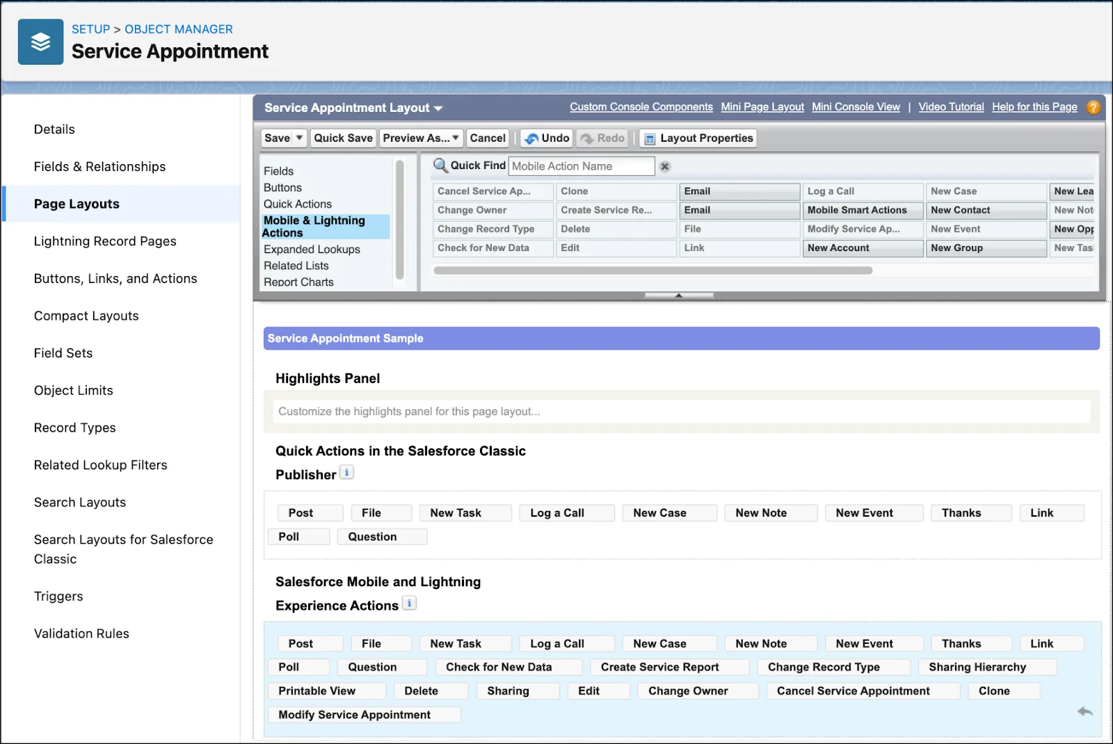 The Modify Service Appointment Mobile & Lightning Action added to the Service Appointment object page layout.