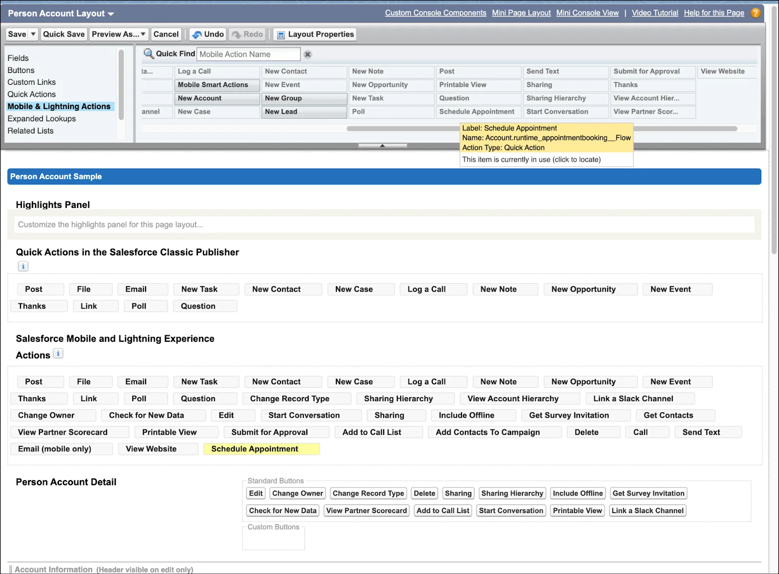 The Schedule Appointment Mobile & Lightning Action added to the Person Account object page layout.