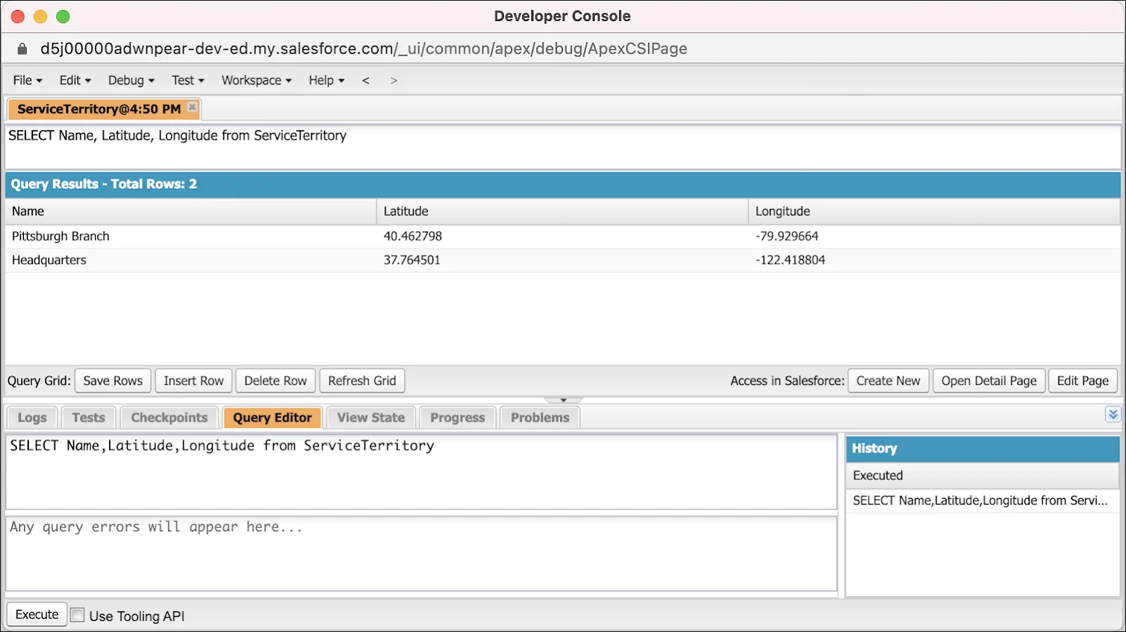 Developer Console with the query to show latitude and longitude of service territories along with the query results.