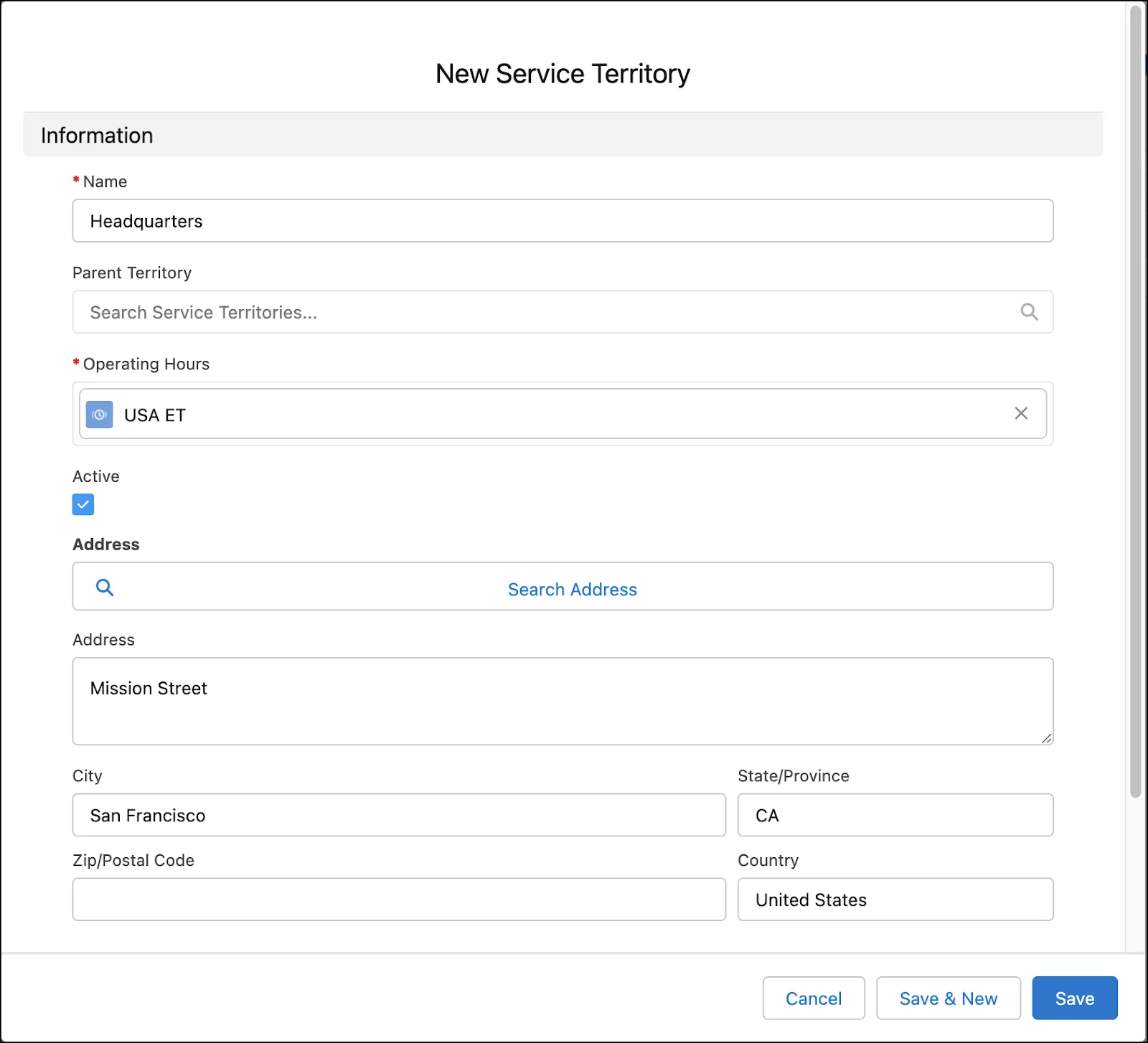 The New Service Territory page with details for Headquarters entered.