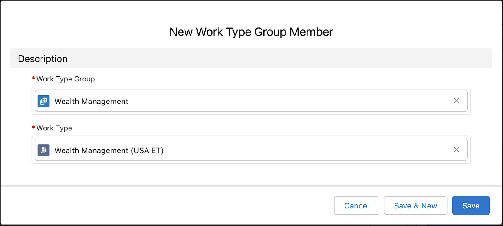 The New Work Type Group Member window with the Wealth Management appointment template mapped to its corresponding appointment topic.