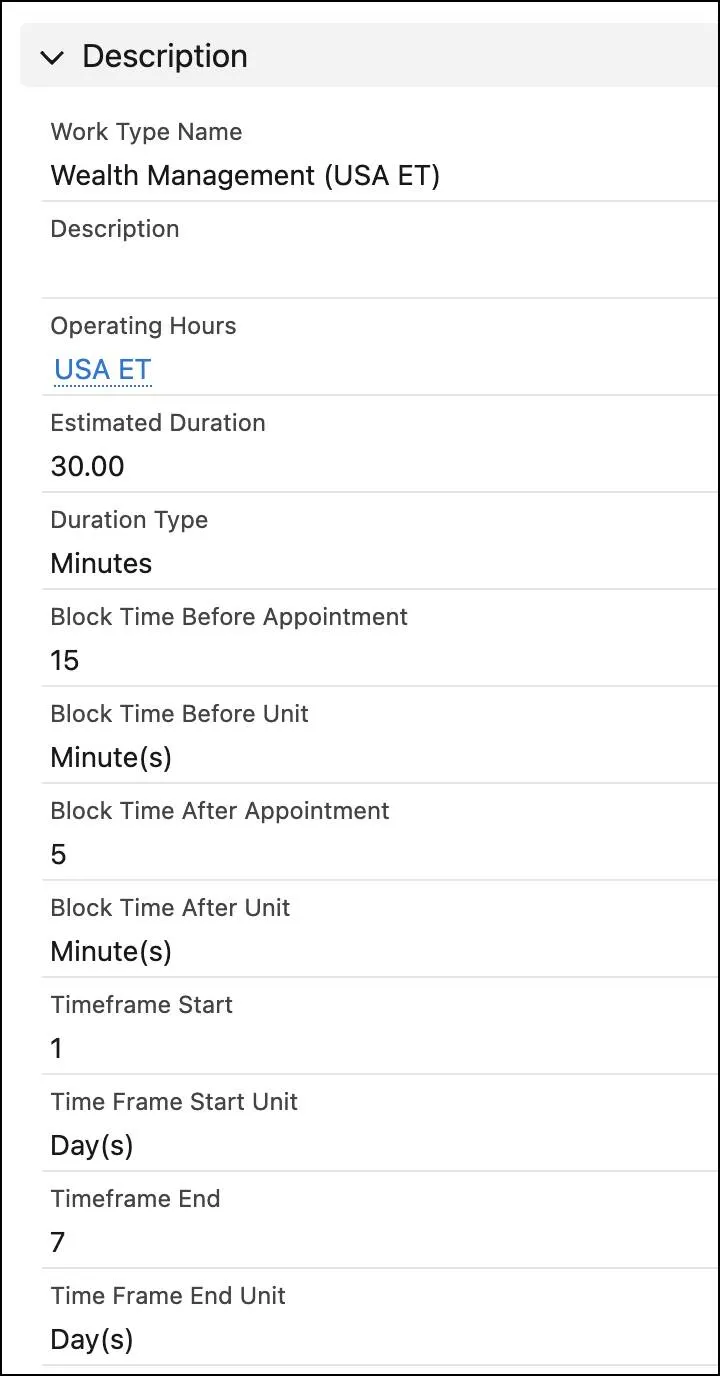 The New Work Type page with appointment template details for wealth managers at headquarters.