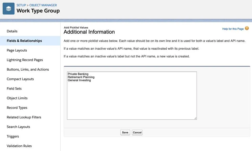 The Additional Information page for the Work Type Group object.