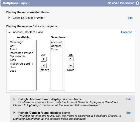 Customize the salesforce.com objects displayed for the Softphone Layout. Replace the Lead object with the Case object.