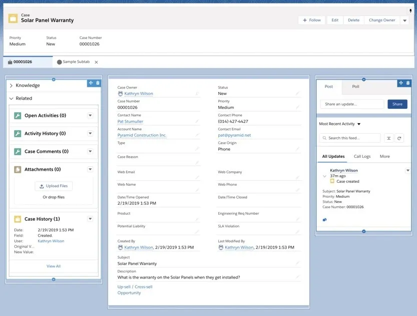 El diseño de la página Case record (Registro de casos) personalizado con los componentes Knowledge (Conocimientos), Related Lists (Listas relacionadas), Record Detail (Detalle del registro) y Chatter agregados.