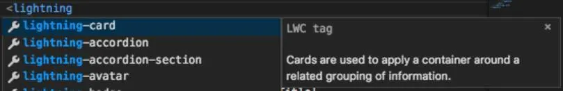 Ventana de Intellisense de un componente Lightning base que muestra una lista de los componentes Lightning base.