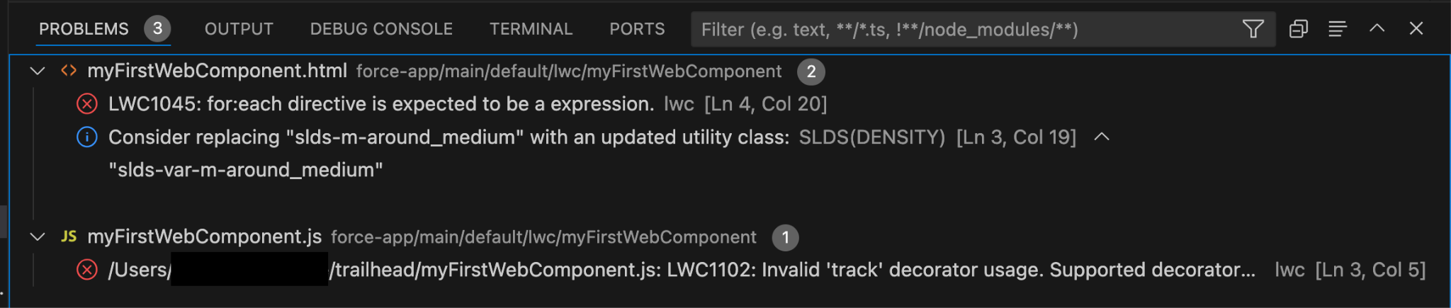 Visual Studio Problems 탭에 두 가지 오류가 표시됩니다. “the for each directive is expected to be an expression(for each 지시문은 표현식이 되어야 합니다)” 및 “invalid track decorator usage(유효하지 않은 track 데코레이터)”