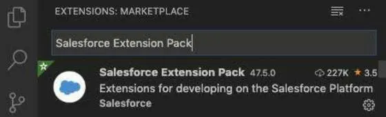 Visual Studio Code-Suche nach 'Salesforce Extension Pack'.