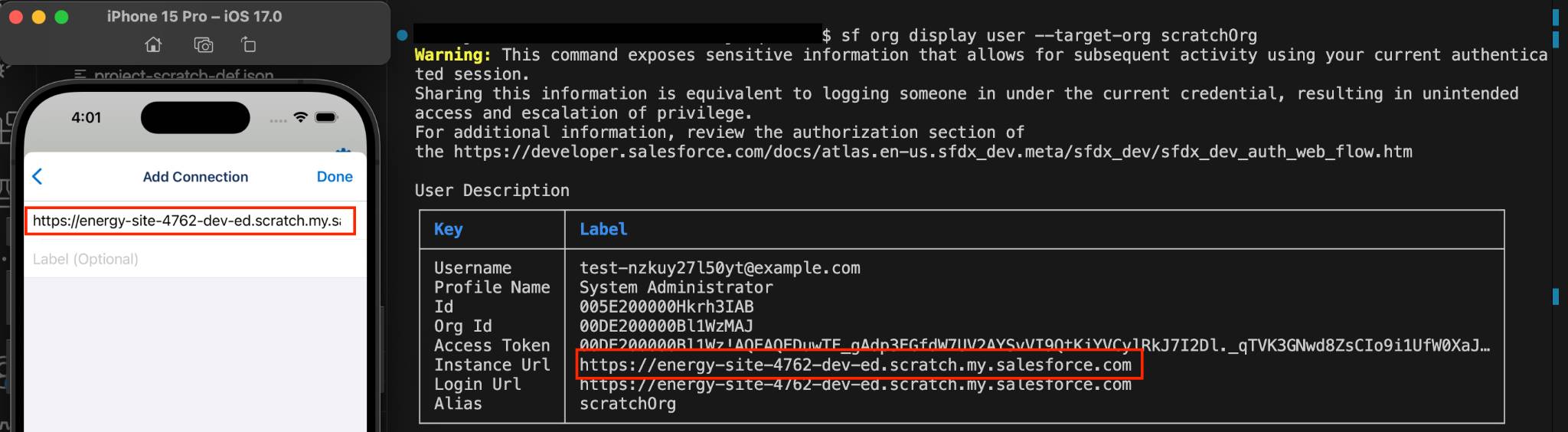 The terminal output includes this instance URL: https://energy-site-4762-dev-ed.scratch.my.salesforce.com.