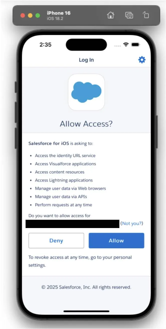 Xcode iPhone simulator window, showing the Allow Access prompt in the Salesforce Mobile App.