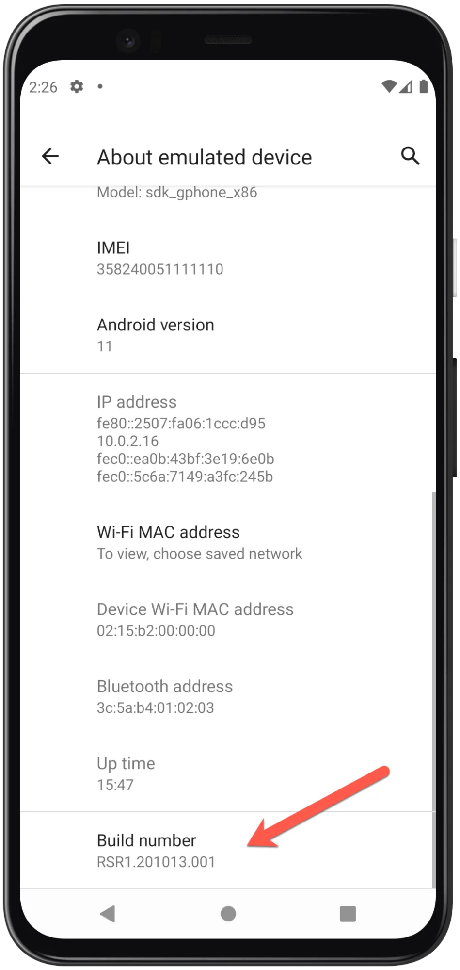 Build number location in “About emulated device” settings.
