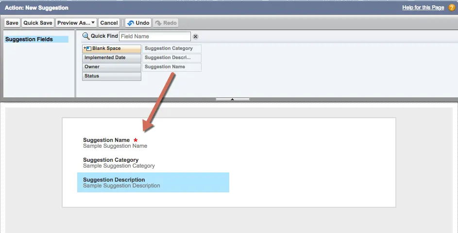 Screenshot des Bildschirms 'Action: New Suggestion (Aktion: Neuer Vorschlag)' mit den dem Beschreibungsfeld hinzugefügten Einträgen 'Suggestion Category (Vorschlagskategorie)' und 'Suggestion Description (Vorschlagsbeschreibung)'