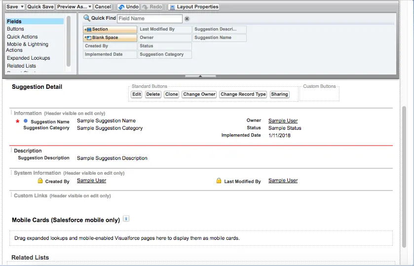 Screenshot des Bildschirms 'Suggestion-Objekt' mit 'Fields (Felder)' hervorgehoben und angezeigten Informationen zu 'Suggestion Detail'