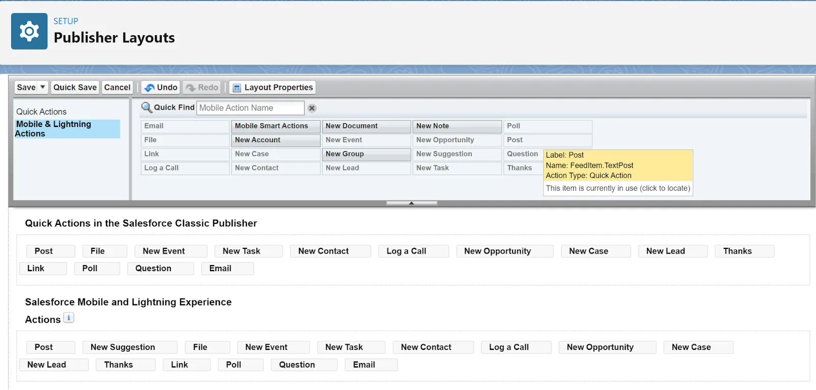 Captura de pantalla de Publisher Layouts (Formatos del publicador) con Mobile and Lightning Actions (Acciones móviles y Lightning) resaltada.