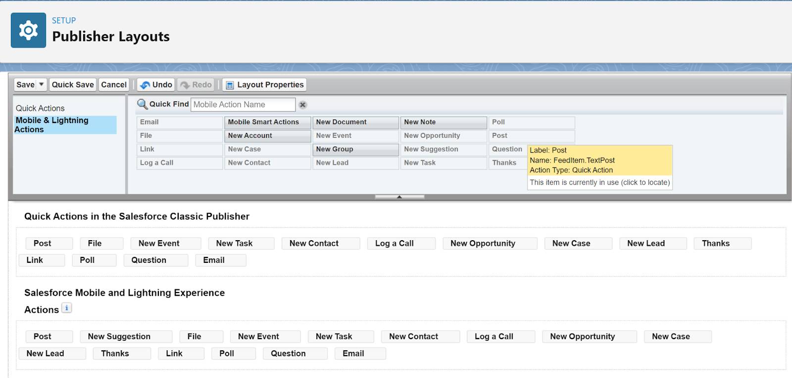 Captura de tela de Publisher Layouts (Layouts do editor) com Mobile and Lightning Actions (Ações do Mobile e do Lightning) em destaque.