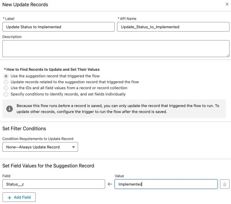 O painel Update Records (Atualizar registros) correspondente às etapas anteriores.