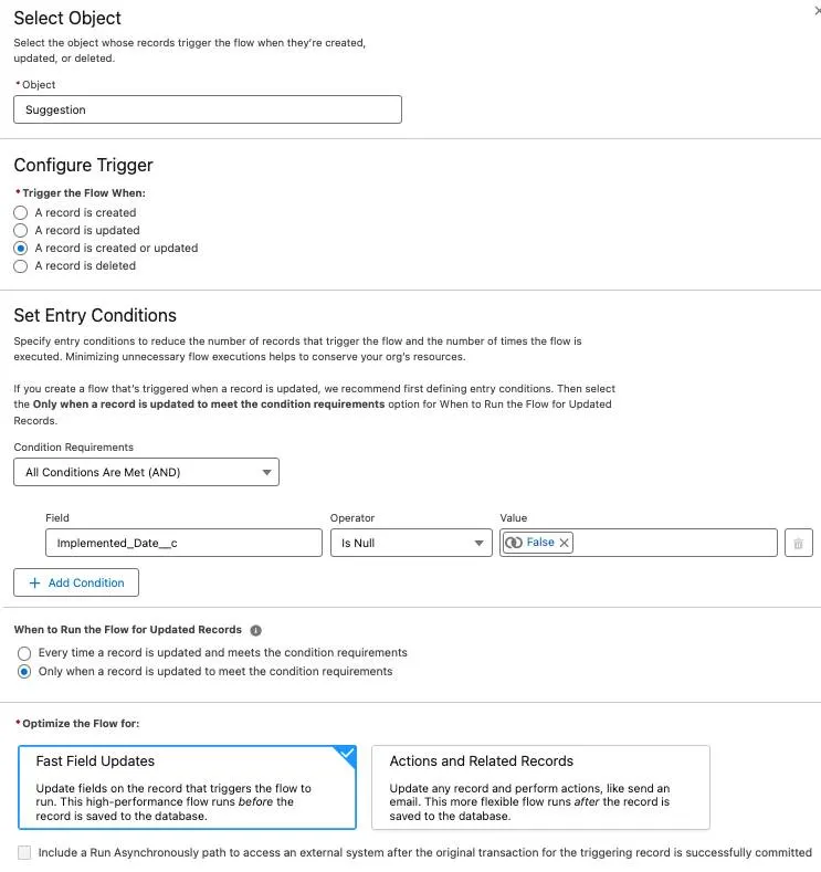 O painel de configuração do elemento Start (Iniciar) correspondente às etapas anteriores.