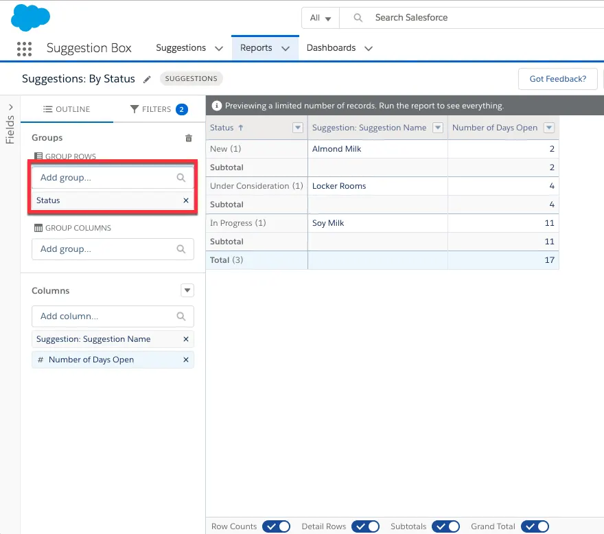 Screenshot of the Suggestions by Status report showing how to create a Summary report