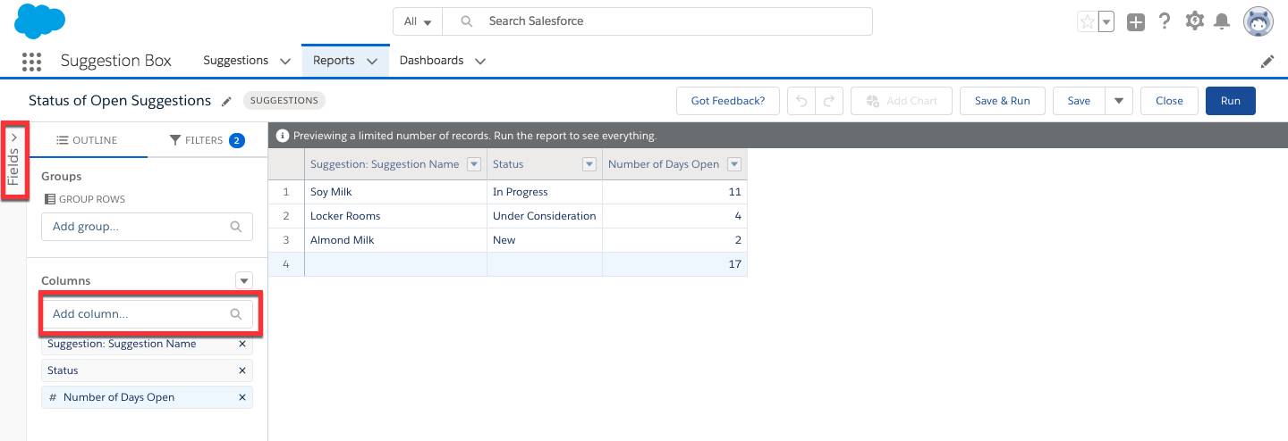 Screenshot of an unsaved tabular report showing the Add dropdown button deployed and Row Limit selected from the menu