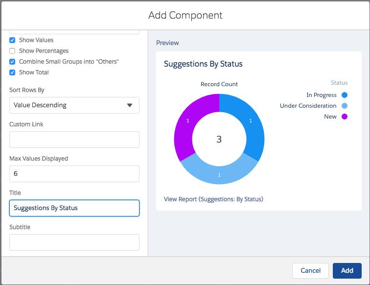 Screenshot des Bildschirms 'Add Component (Komponente hinzufügen)' für den Bericht 'Suggestions by Status'