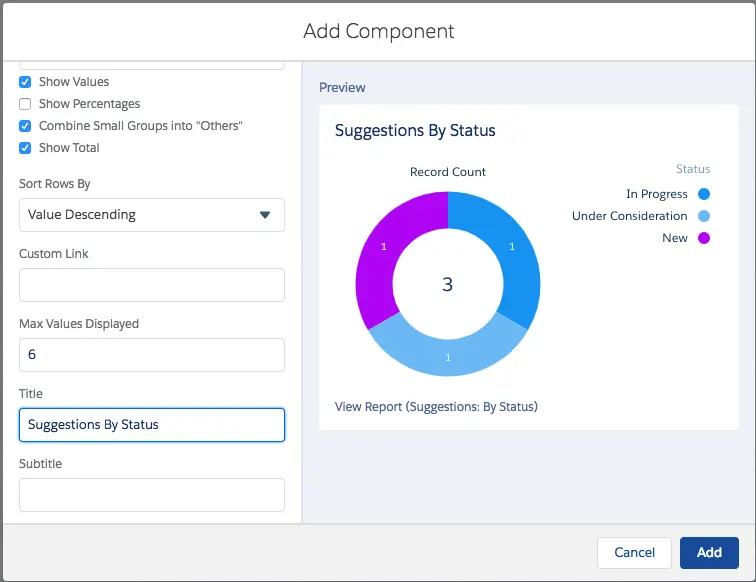 Screenshot of the Add Component screen for the Suggestions by Status report