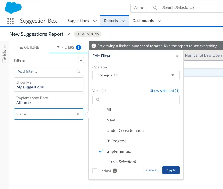 Captura de tela de um relatório tabular não salvo com o status do filtro definido como Status não é igual a Implementado