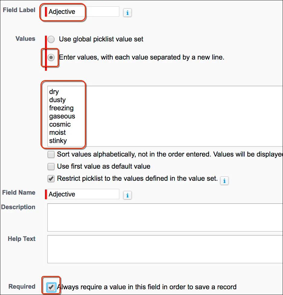 Screenshot showing options for Adjective custom field.
