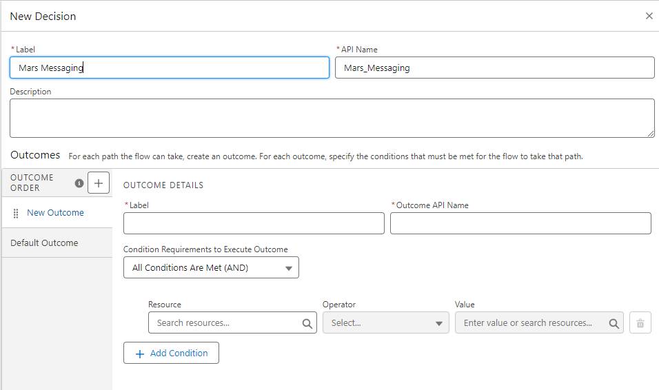 New Outcome highlighted on Decision element screen.