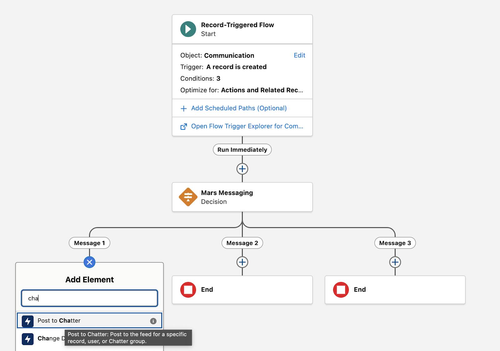 Add element under Message 1 highlighted.