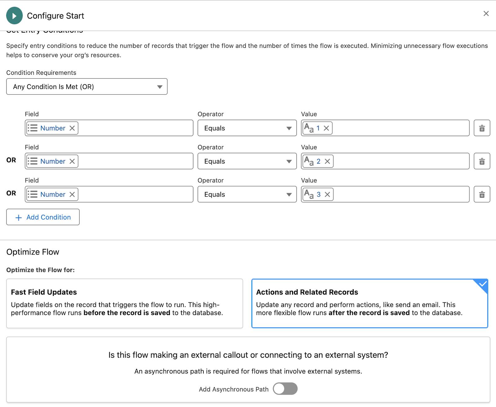 The Start element's configuration panel corresponding to the preceding steps.