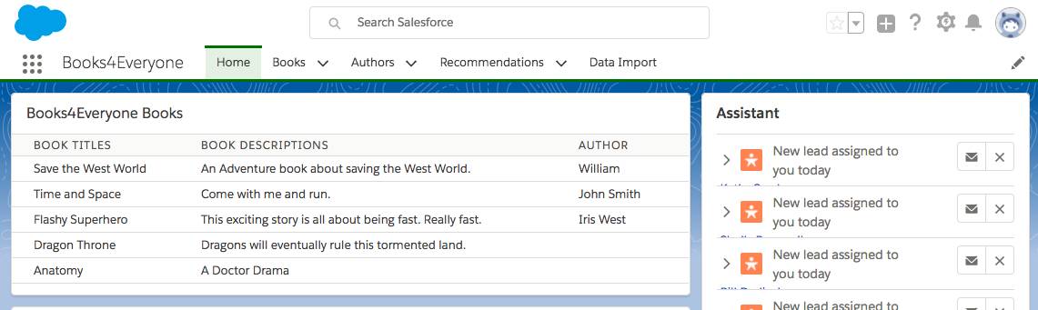 This is an image showing the home tab and the updated lightning component with SOQL-queried data