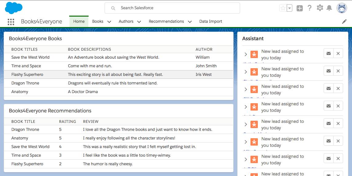 This is an image showing the home tab and the two lightning components with SOQL-queried data