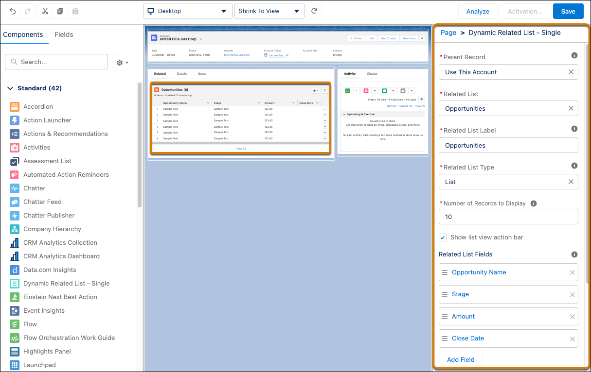 Dynamic Related List–Single component in Lightning App Builder.