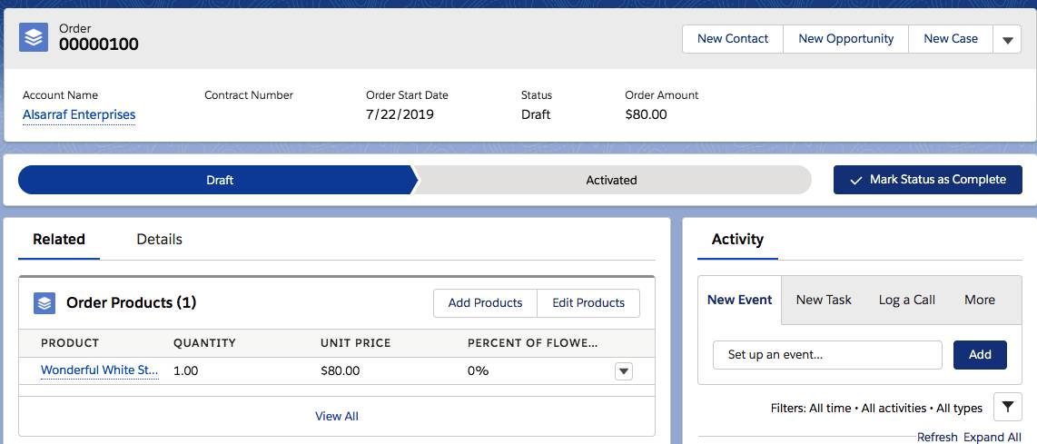 Order details view displaying the current order product.