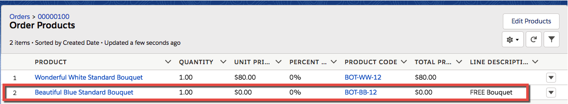 Lista de produtos do pedido. Um buquê branco brilhante padrão (que pedimos) e um buquê azul atraente padrão (que foi adicionado automaticamente ao pedido como brinde).