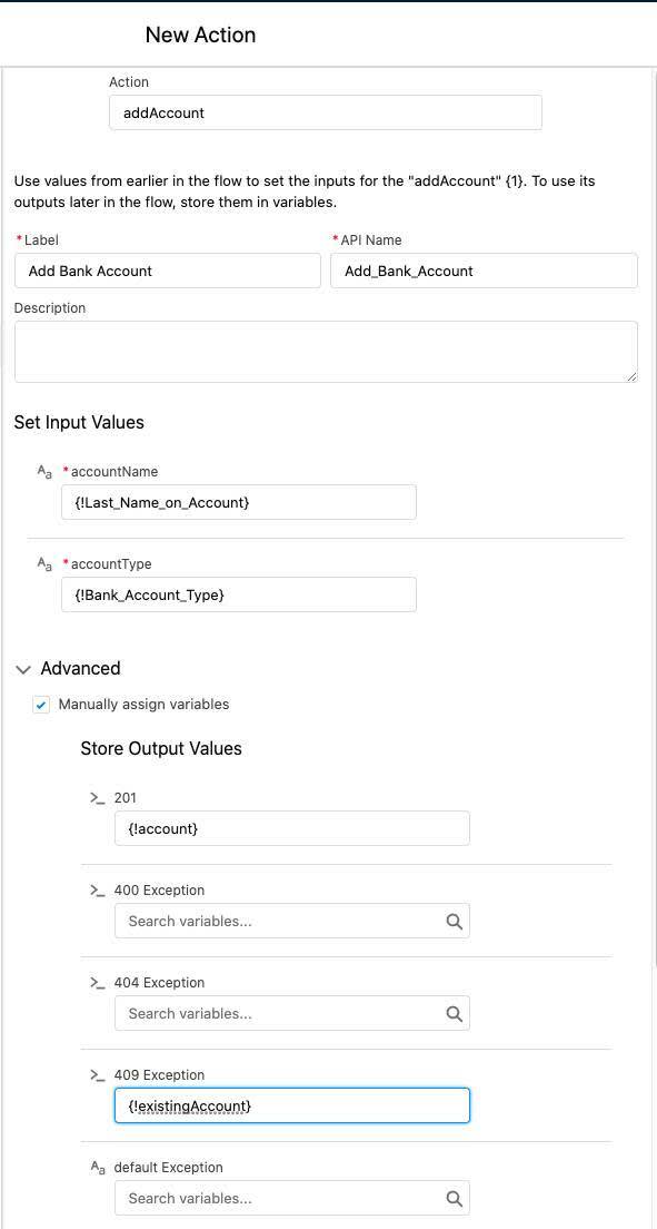 New Action window with completed addAccount action.