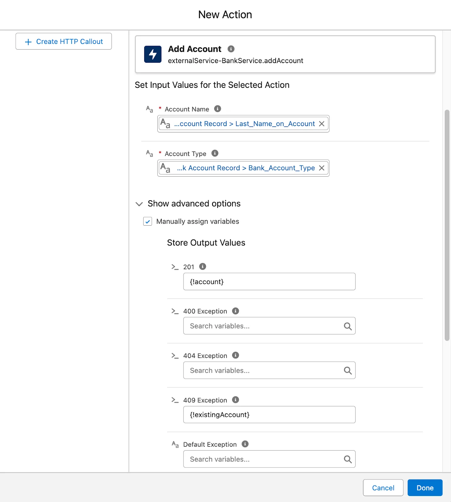 完成した addAccount アクションが表示されている [New Action (新規アクション)] ウィンドウ。