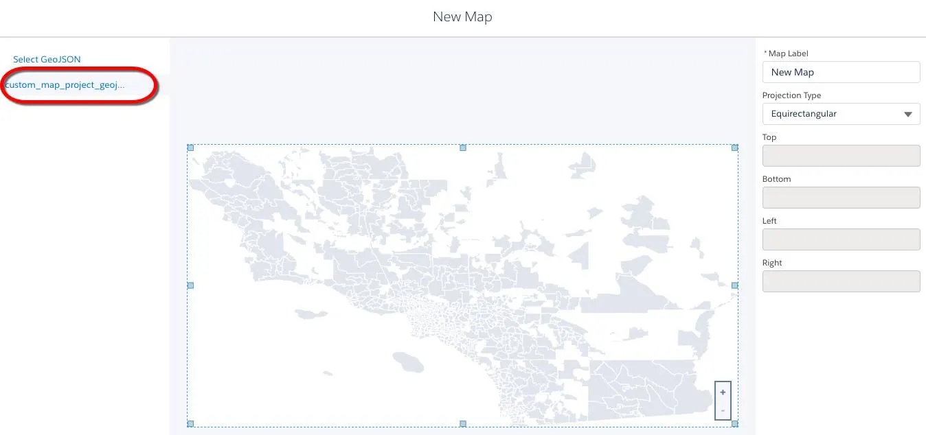 Select the geoJSON file, boundaries, label, and projection type for the new map.