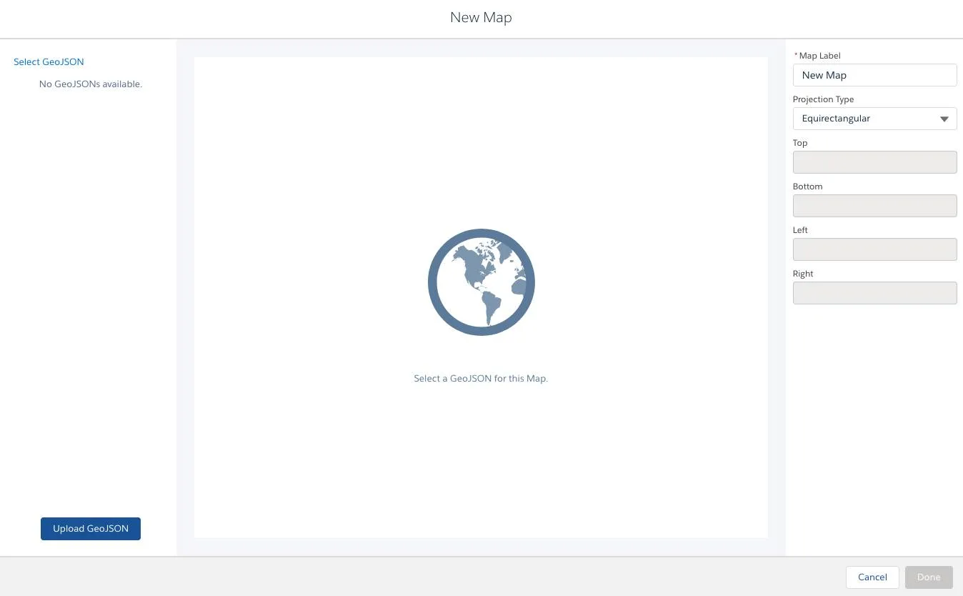Select the geoJSON file, boundaries, label, and projection type for the new map.