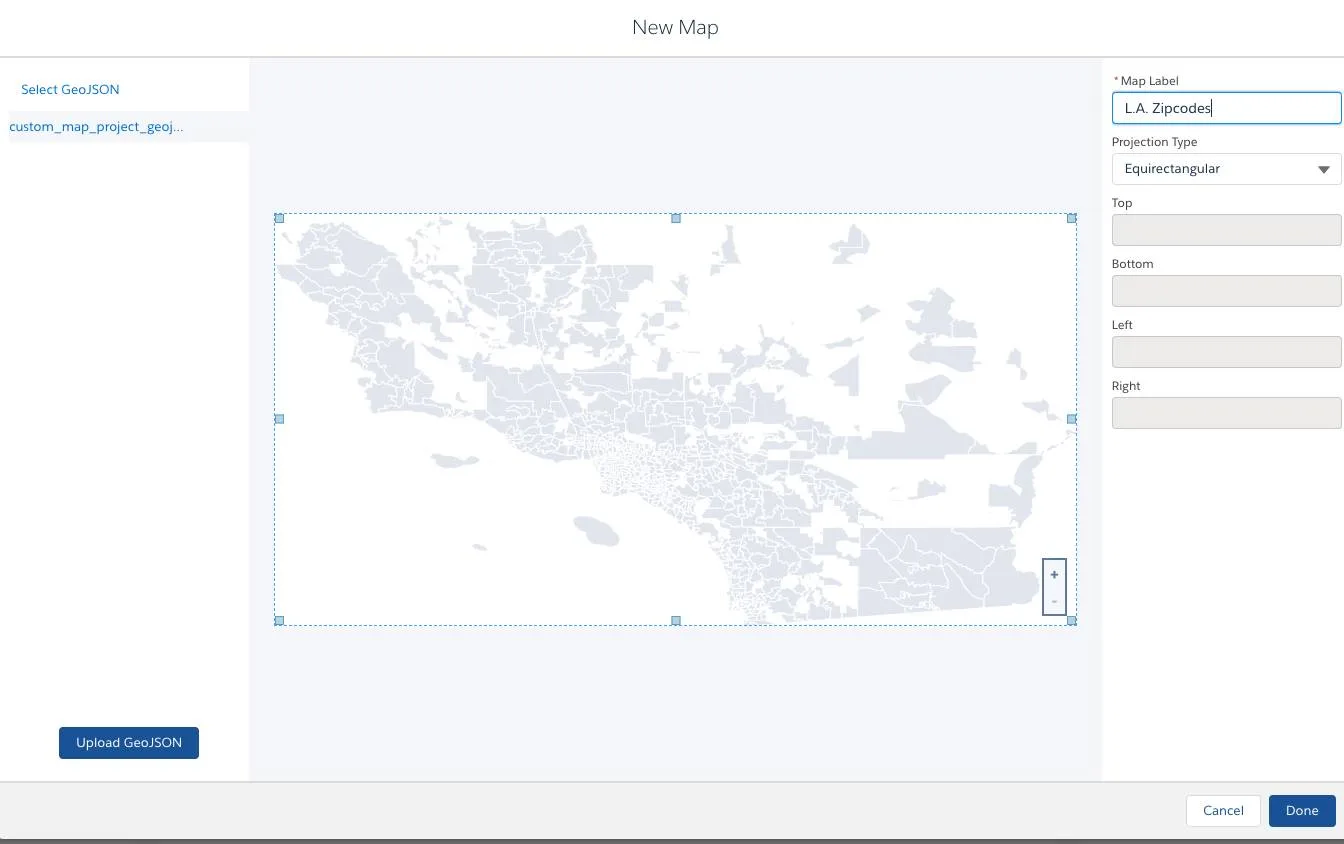 ロサンゼルスの地図が Equirectangular 投影法を使用して表示されます。