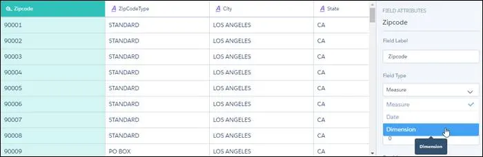 data preview screen setting zipcode to dimension type