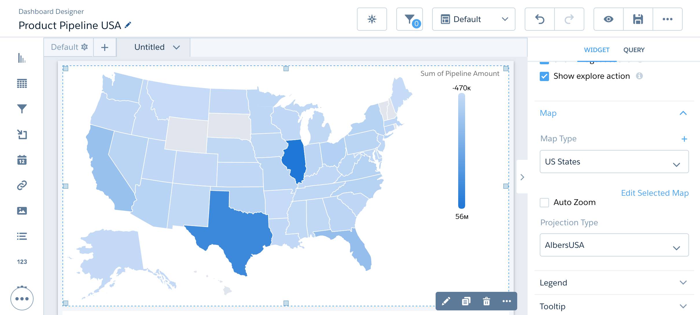 Graphique de carte des États-Unis dans le concepteur de tableau de bord