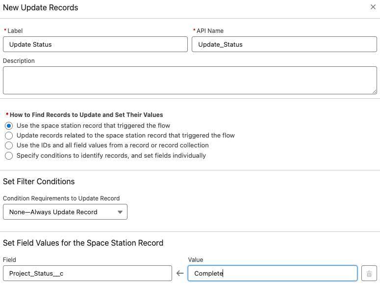 Panneau Update Records (Mettre à jour les enregistrements) correspondant aux étapes précédentes.