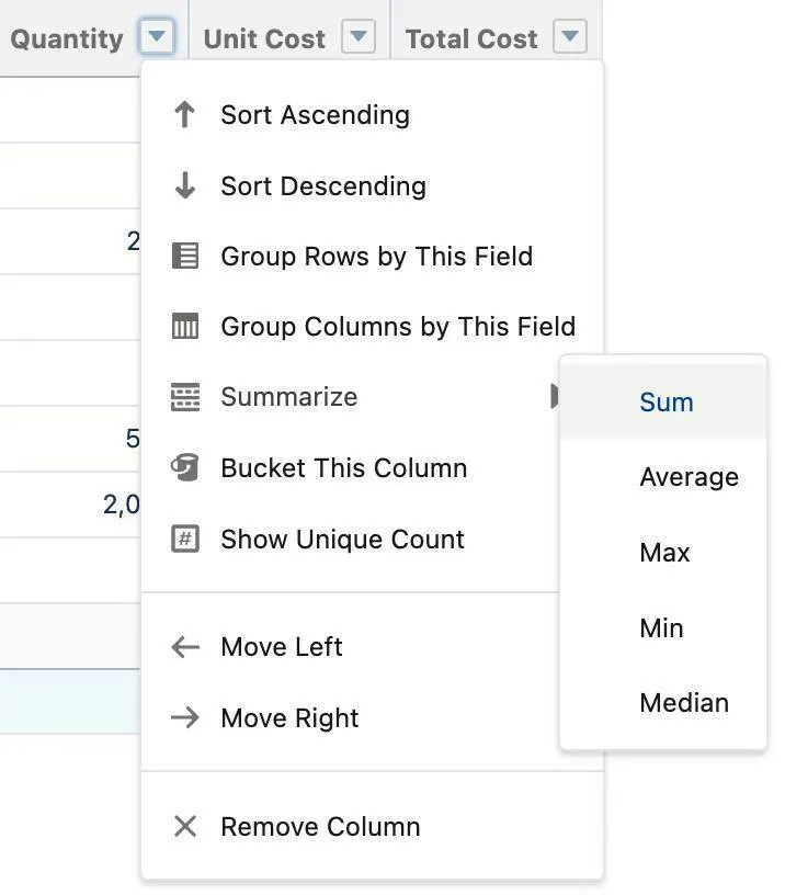Sum deselected in the Unit Cost dropdown.