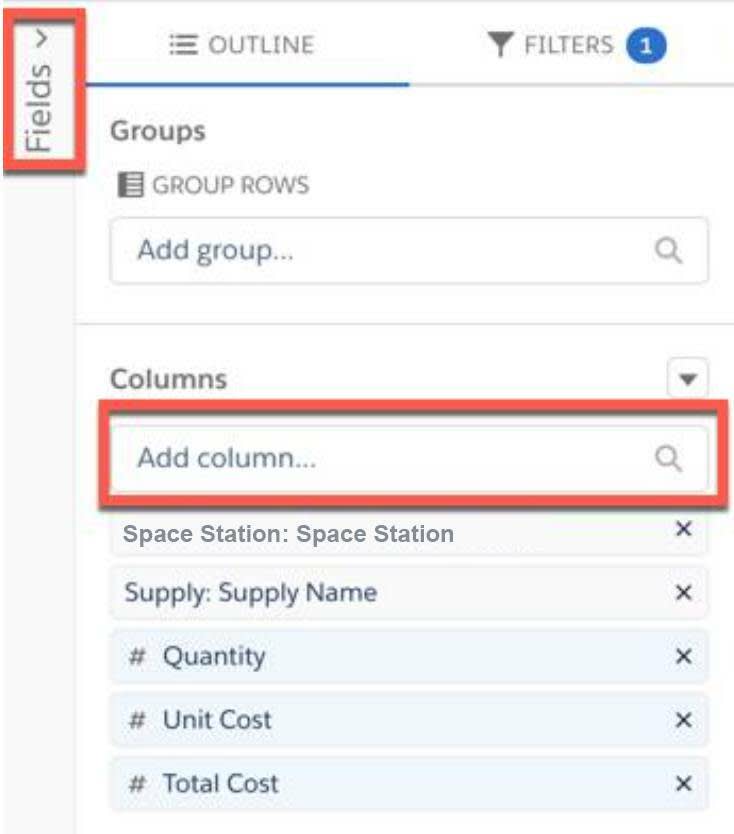 Option Add column (Ajouter une colonne) en surbrillance dans la section Fields (Champs)