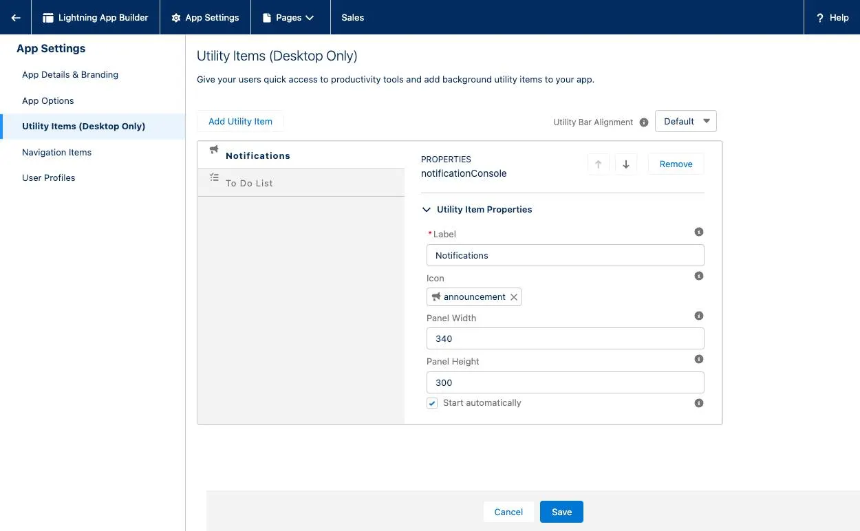 Utility bar configuration screen.