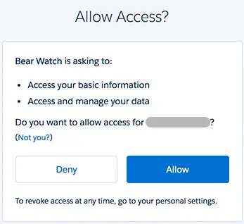 Access authorization prompt for the Bear Watch application.