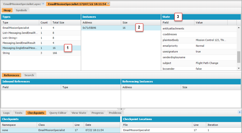 The Heap Tab in teh Checkpoint Inspector