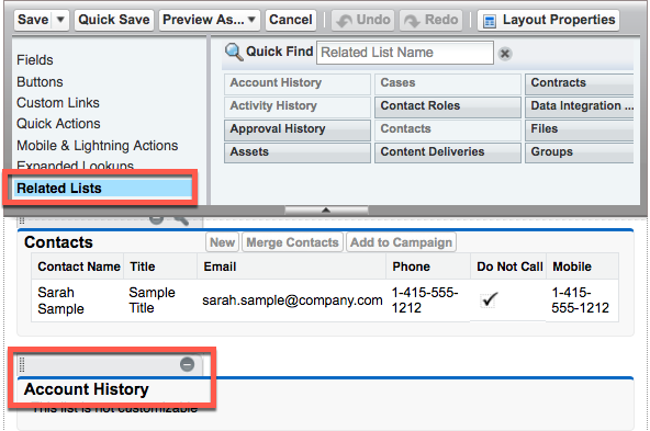 Page layout highlighting the Related List option in the palette and the Account History section below.