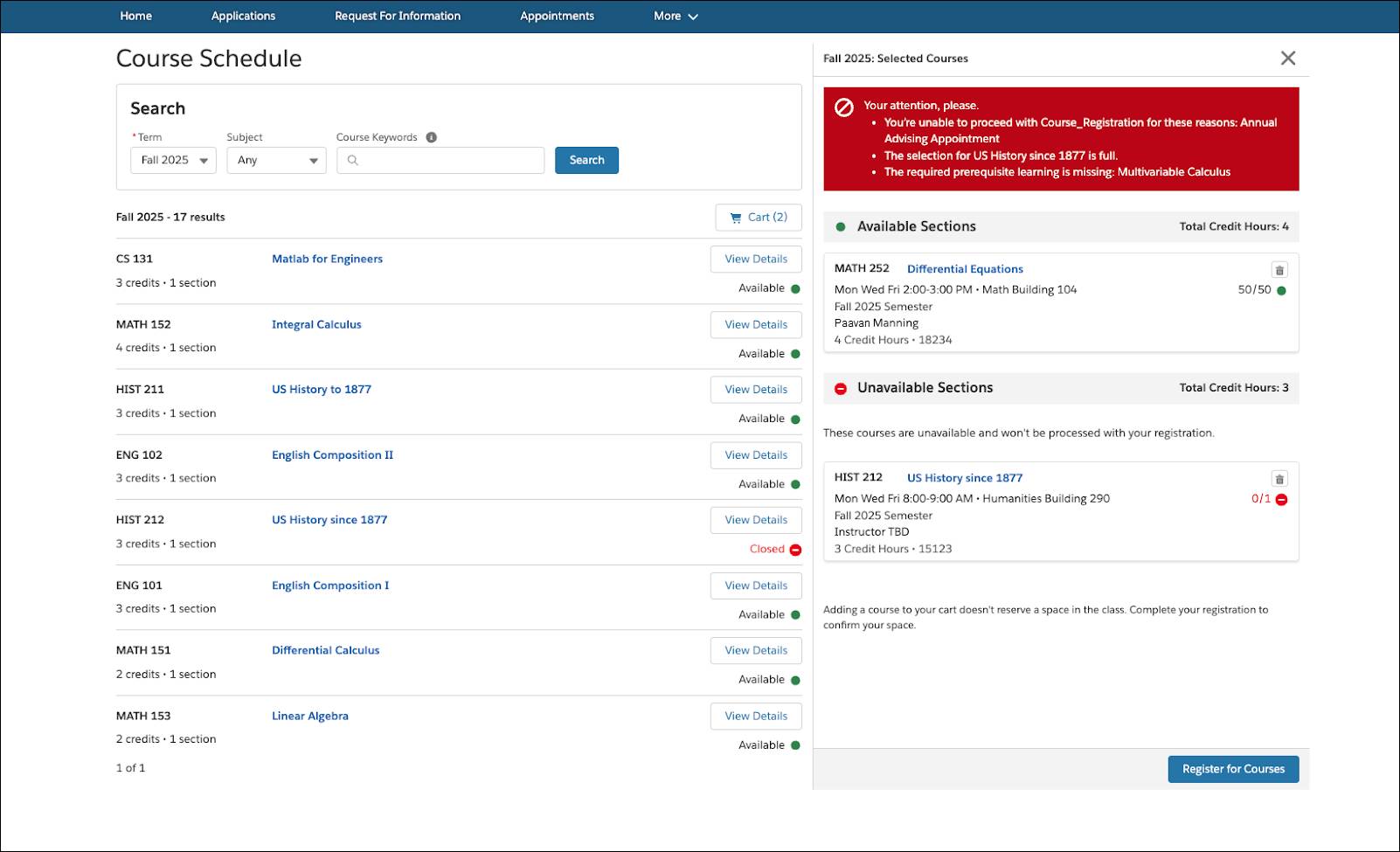 Course Registration in the student portal